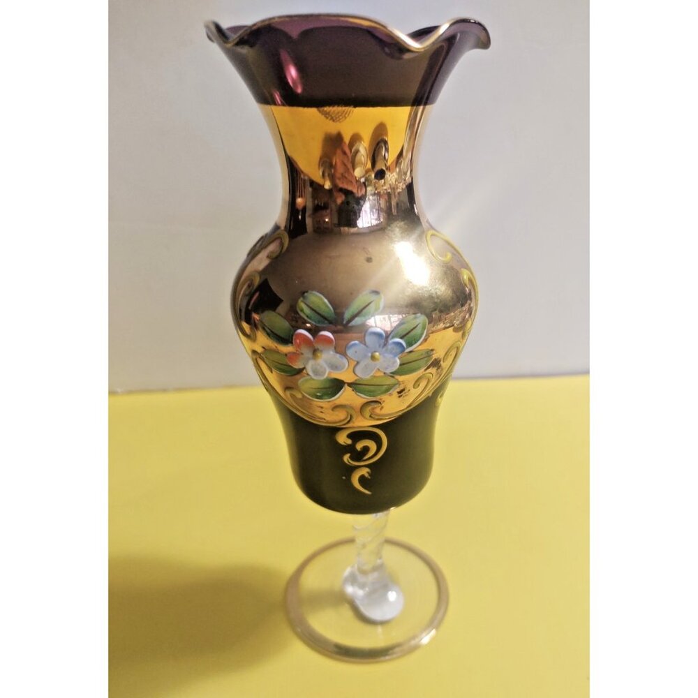 Vintage NASCO Japan Amethyst Glass Vase Raised Enamel Flowers 7"